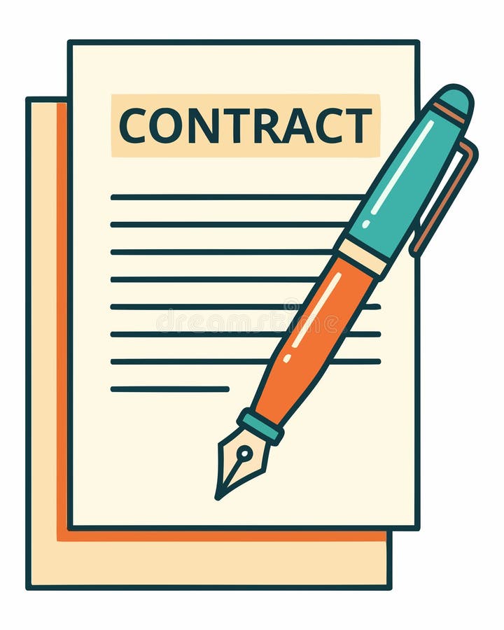 A stylized illustration of a contract document with the word 'CONTRACT' prominently displayed at the top. Several lines represent the text of the agreement. A fountain pen, depicted in vibrant orange and teal, rests diagonally across the document, its nib poised as if ready to sign. The artwork uses a clean, flat design style with bold outlines and a limited color palette, making it ideal for representing legal agreements, business deals, or formal documentation in a clear and accessible way. Memorandum understanding vectors