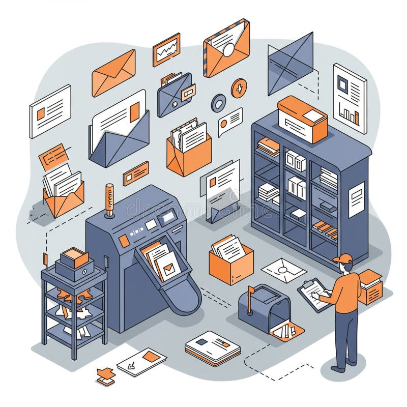 Stylized illustration of a digital document processing environment featuring floating royalty free illustration