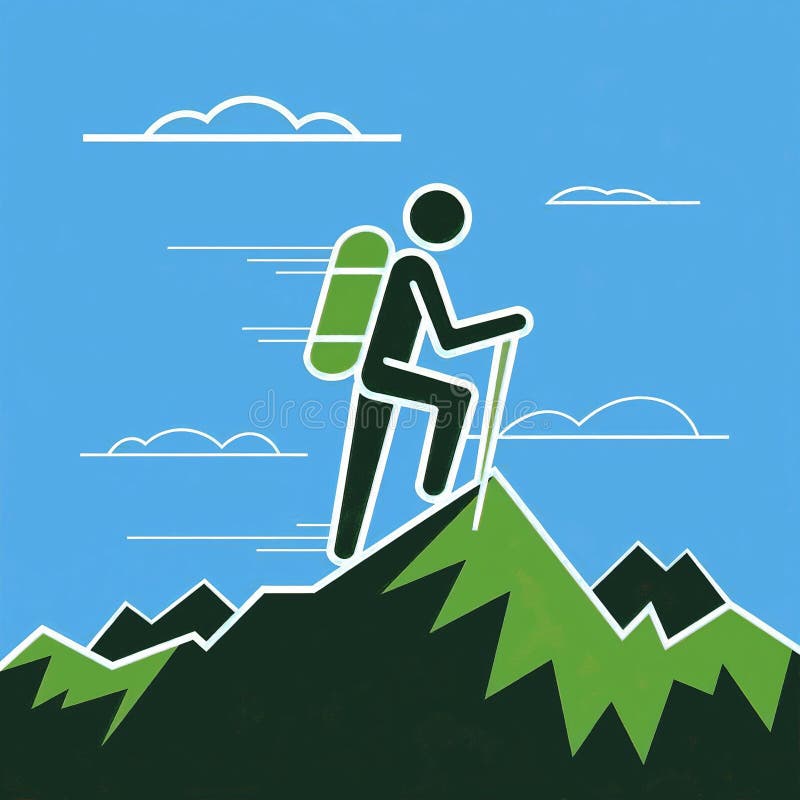 Stylized Illustration of a Hiker Ascending a Mountain stock illustration