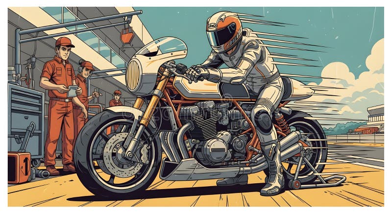 Motorcycle Racer Accelerating from Pit Stop royalty free illustration