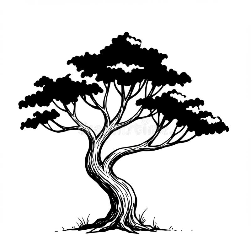 Stylized illustration of a tree with a twisted trunk and sprawling canopy. The dark, solid vector illustration