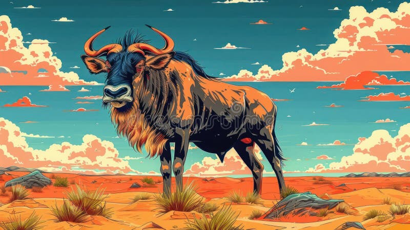 Majestic Blue Wildebeest in African Savanna Sunset vector illustration