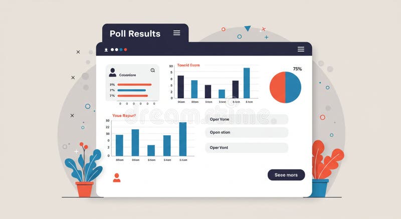 Stylized infographic displaying data with bar and pie charts labeled \'Poll Results. \' vector illustration