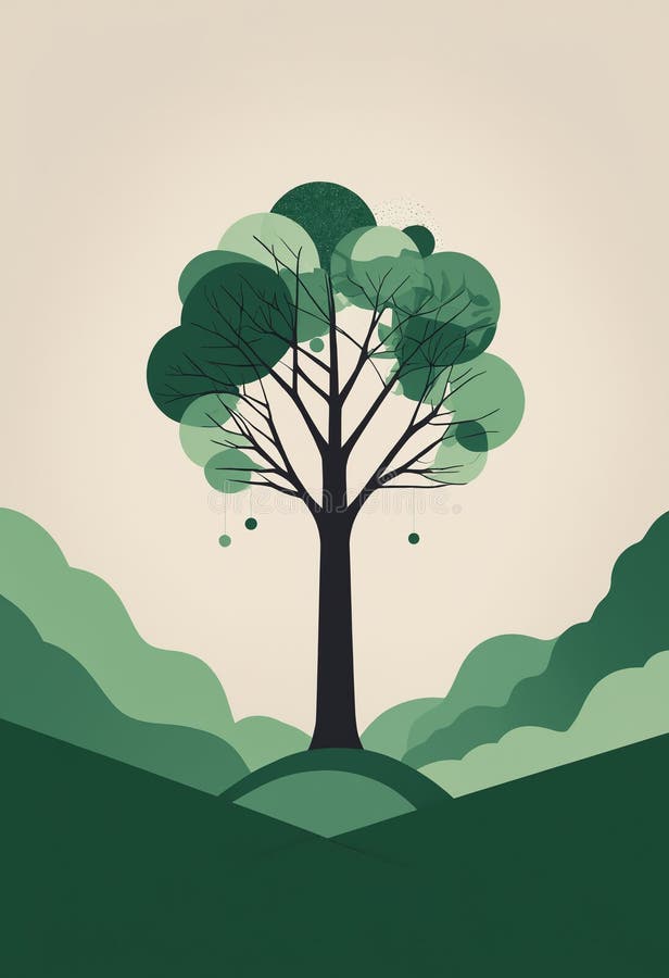 Stylized landscape with single tree silhouette against rolling green hills. Nature poster with copy space for customized text royalty free illustration
