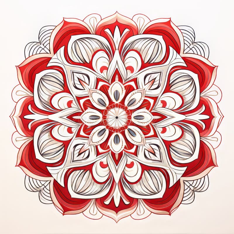 red and white mondo mandala, a background illustration featuring a juxtaposition of hard and soft lines. this classic tattoo motif is depicted in a woodcut style by artist tanya shatseva. the artwork showcases a strong use of color on a shaped canvas, resulting in a vibrant and colorful composition. ai generated. red and white mondo mandala, a background illustration featuring a juxtaposition of hard and soft lines. this classic tattoo motif is depicted in a woodcut style by artist tanya shatseva. the artwork showcases a strong use of color on a shaped canvas, resulting in a vibrant and colorful composition. ai generated