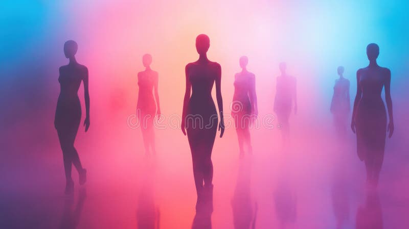 Stylized glossy mannequins showcase fashion-forward outfits in a colorful fog environment, creating a dreamy and royalty free stock photo