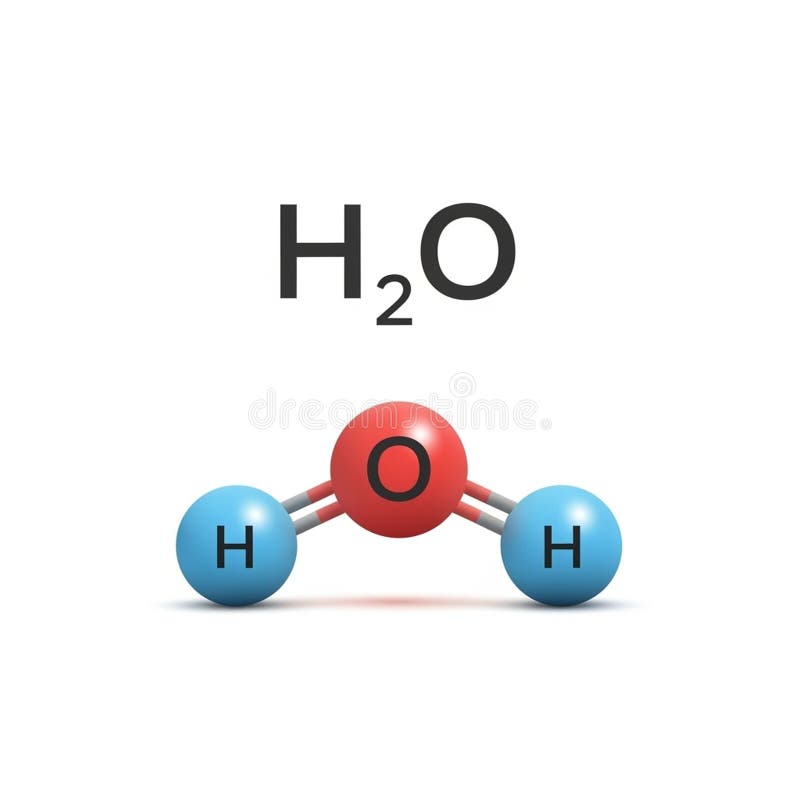 Stylized model of a water molecule H O. It features a red oxygen atom at the center with two blue hydrogen atoms bonded at an angle. The bonds are depicted as gray sticks. The chemical formula H O is displayed above the model. The white background highlights the molecular structure. Oxygen molecule blue illustrations