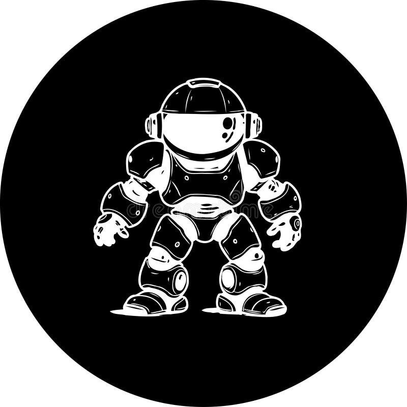Stylized monochrome illustration of a futuristic robot against a circular backdrop vector illustration