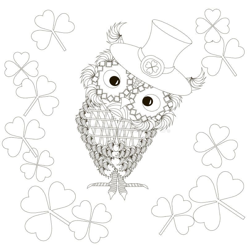 Stylized Monochrome Owl at Hat with Clover, Doodle Style Anti Stress ...