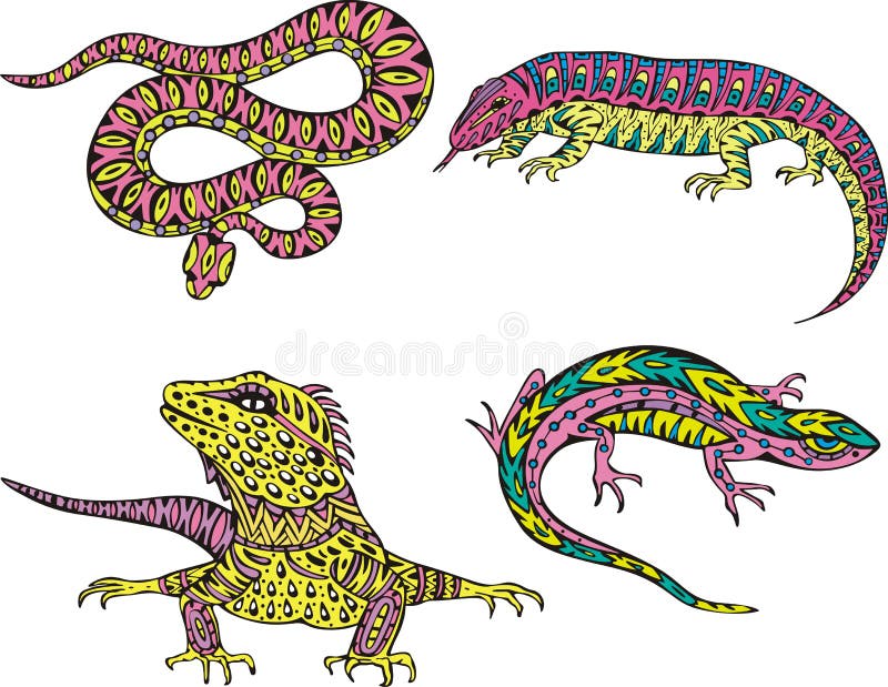 Stylized motley snake and lizards royalty free illustration