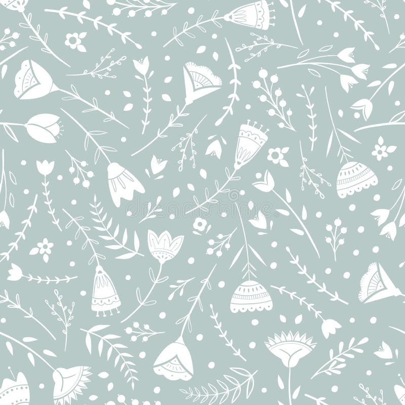 Stylized pattern, folk art, floral ornament in blue grey colors. Seamless pattern vector background for wallpaper