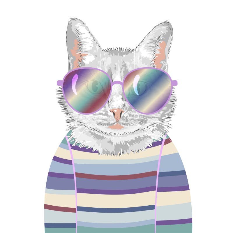 Stylized Portrait of a Cat in Wearing Glasses and Sweater Stock Vector