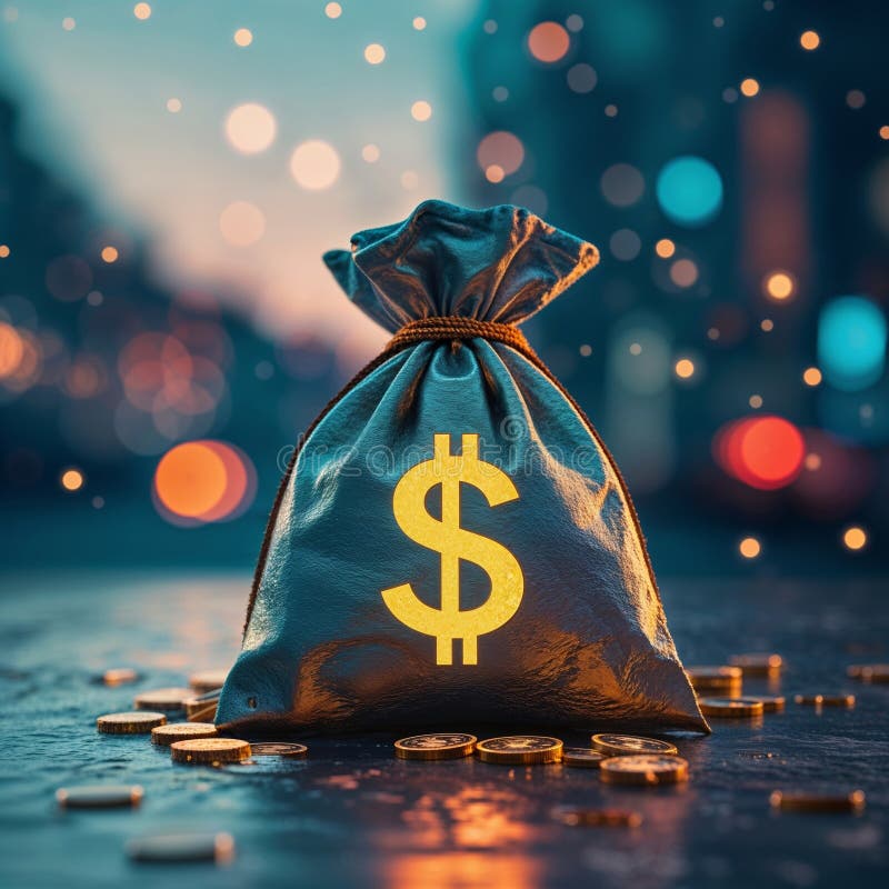 Stylized rendering of a money bag with a golden dollar sign and scattered coins vector illustration