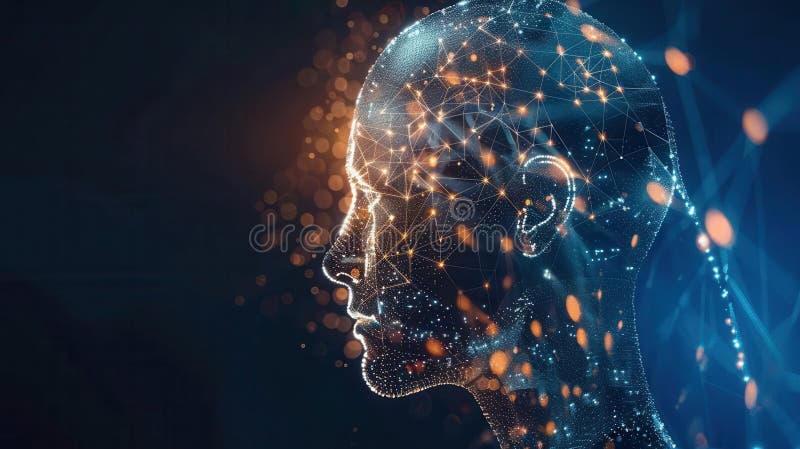 A stylized representation of an artificial intelligence with glowing lines and nodes forming the shape of a head and ear stock photography