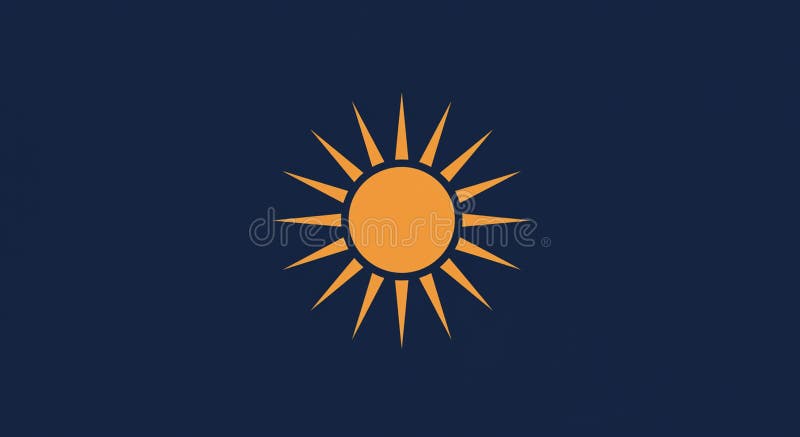 A stylized sun emblem appears against a solid dark blue background. The sun is vector illustration