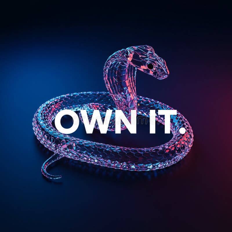 A stylized, translucent snake with hexagonal scales coils in a defensive posture. It stock illustration