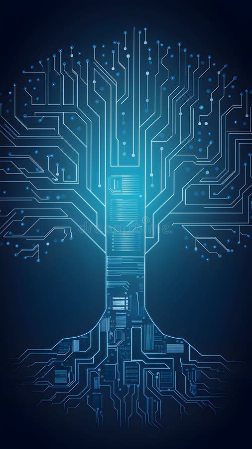 Stylized tree branches resemble circuitry, glowing blue against a tech inspired background royalty free illustration