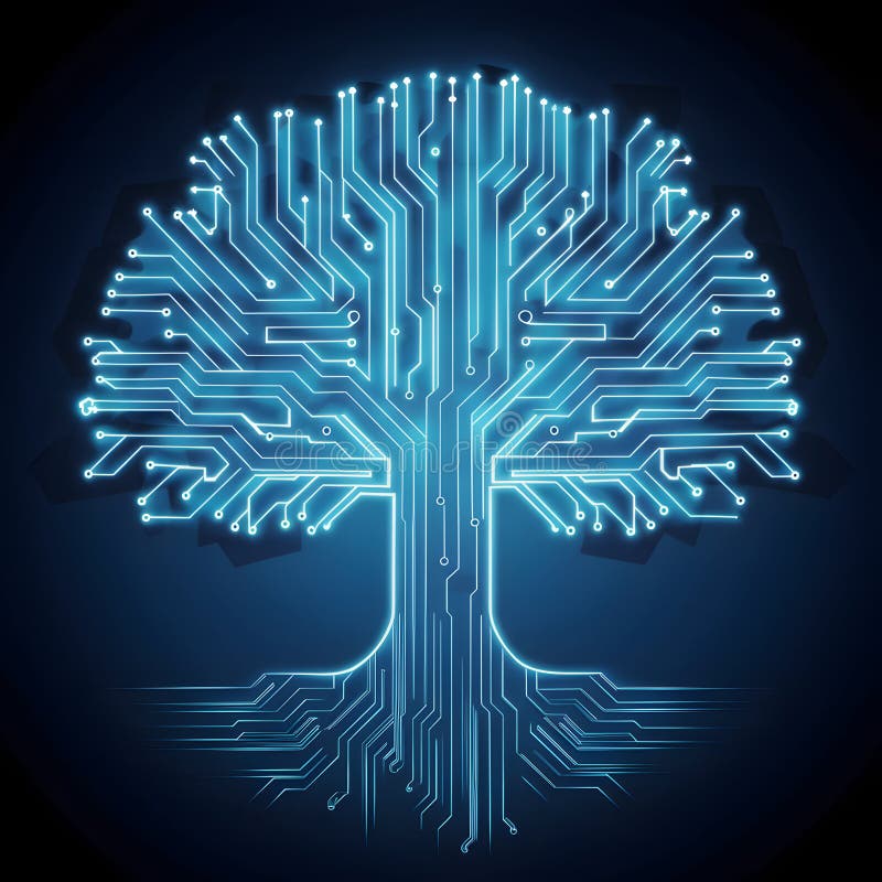 Stylized tree branches resemble circuitry, glowing blue against a tech inspired background stock illustration