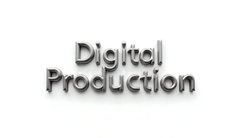 Stylized typography of digital production in shiny metallic finish on plain background royalty free illustration