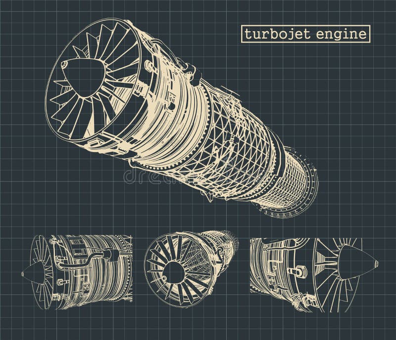 Turbojet engine blueprints stock illustration