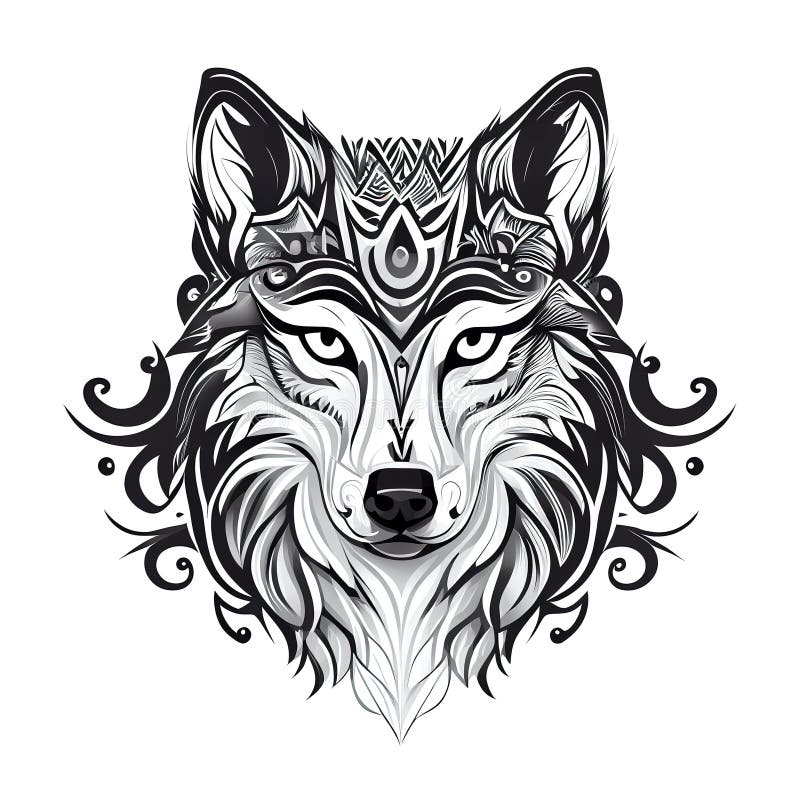 Stylized Wolf Head, Black White AI Generative Stock Illustration