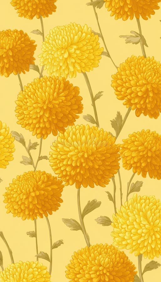 Stylized Yellow Chrysanthemums Pattern on Soft Yellow Background stock illustration