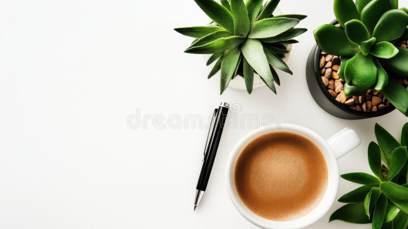 Stylo à café minimaliste sur bureau blanc Surface Productivité Durée de vie.