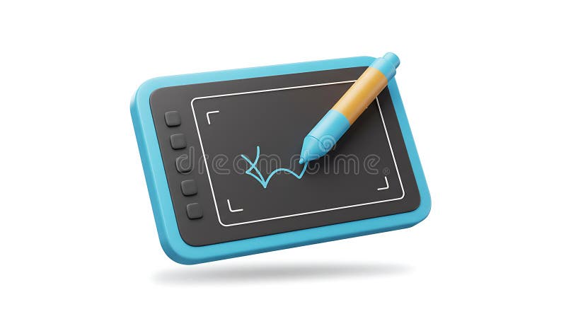 Stylus на планшете с голубыми чертежами : Современное цифровое искусство иллюстрация штока