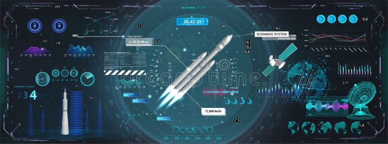 Styrcentrum för hjullattning med raketuppskjutning och styrcentral för hjullådans hjälltyp. uppsättning rymdelement för gui ui ux stock illustrationer