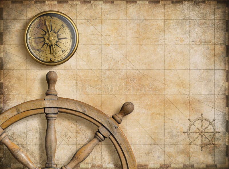 Styrninghjul och kompass med nautisk tappning