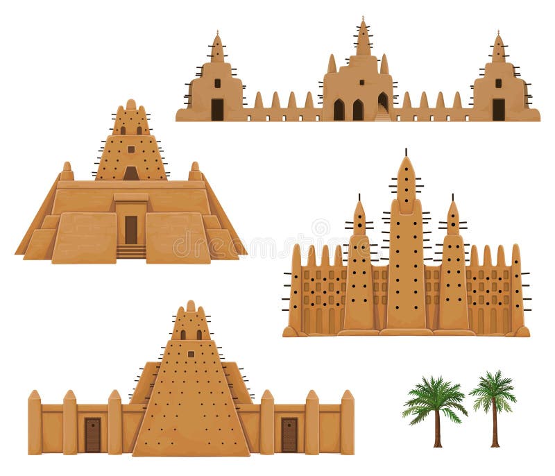 Ställ in av afrikansk arkitektur för byggnader Hus moské, forntida boning