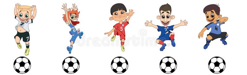 Ställ in av barnfotbollspelare, ett bollspel stock illustrationer Ställ in av barnfotbollspelare, ett bollspel stock illustrationer