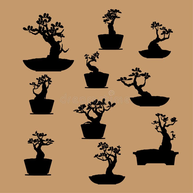 Ställ in av bonsaiträdet, kontur av bonsai, den detaljerade bilden, vektorillustration vektor illustrationer