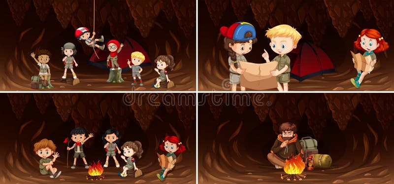 Ställ in av campa ungar i grotta vektor illustrationer Ställ in av campa ungar i grotta vektor illustrationer