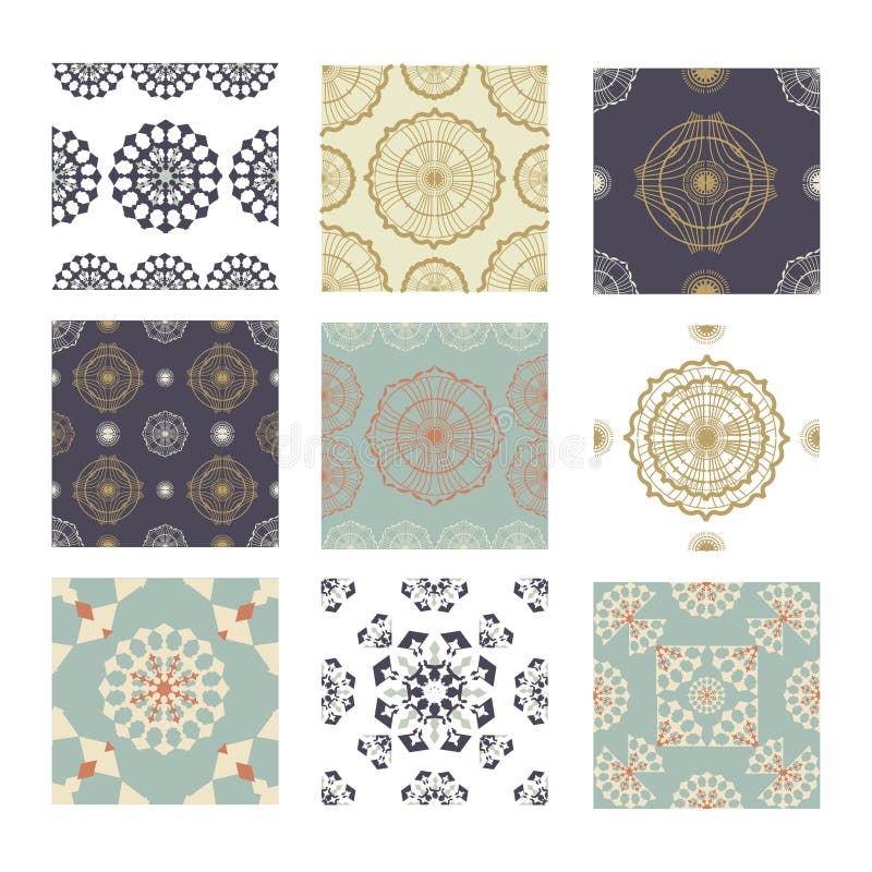 Ställ in av den sömlösa keramiska dekoren med den färgrika patchworken Flerf?rgad modell f?r tappning Kan användas för den kerami royaltyfri illustrationer Ställ in av den sömlösa keramiska dekoren med den färgrika patchworken Flerf?rgad modell f?r tappning Kan användas för den kerami royaltyfri illustrationer