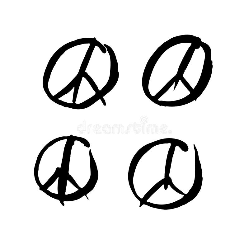 Ställ in av fyra vektorfredsymboler Underteckna pacifisten, fredsymbolet som dras av handen med en borste stock illustrationer Ställ in av fyra vektorfredsymboler Underteckna pacifisten, fredsymbolet som dras av handen med en borste stock illustrationer