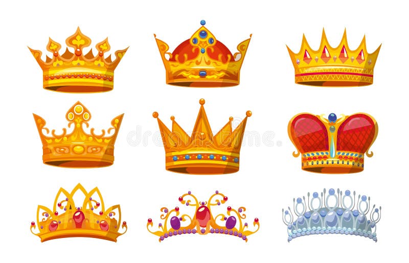 Ställ in av färgrika kronor i tecknad filmstil Kungliga kronor från guld för konung, drottning och prinsessa Kronautmärkelsesamli