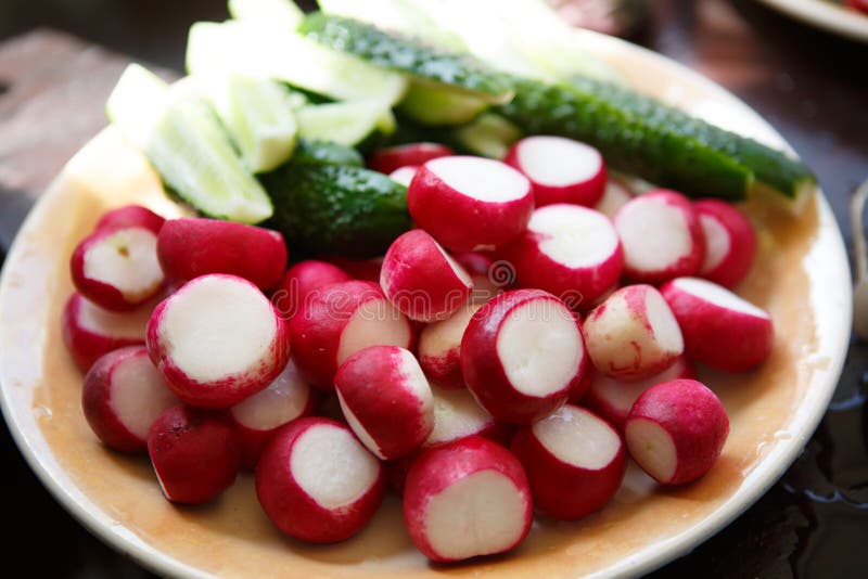 Ställ in av grönsaker för sallad: grönsallat, gurkor, rädisa, salladslökar och gröna blad av syra arkivfoton Ställ in av grönsaker för sallad: grönsallat, gurkor, rädisa, salladslökar och gröna blad av syra arkivfoton