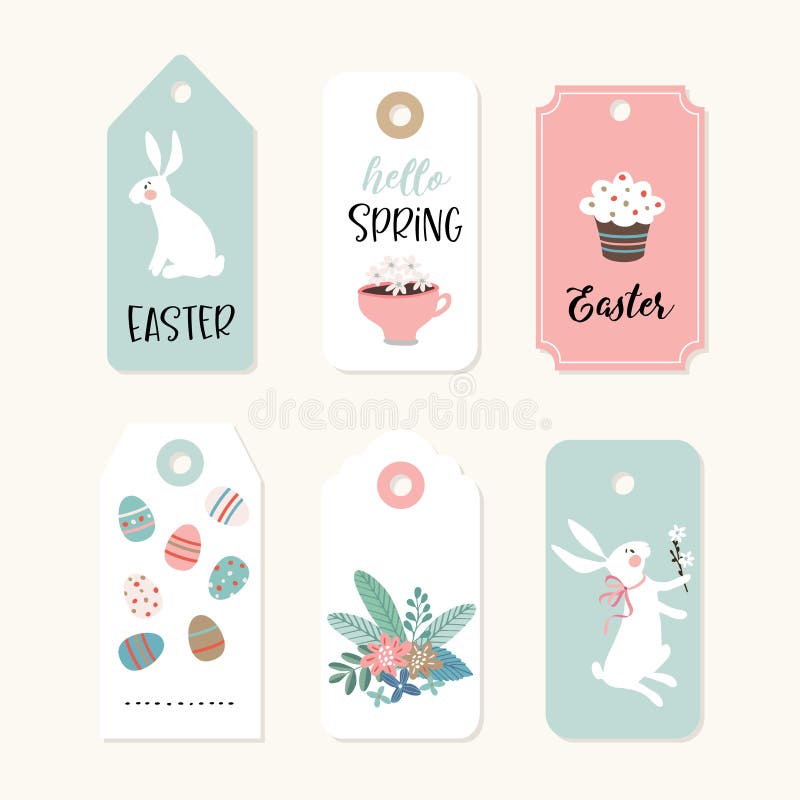 Ställ in av gulliga påskgåvaetiketter och etiketter med vita kaniner, koppen kaffe, färgrika ägg och blommor rockera den cesky fj vektor illustrationer