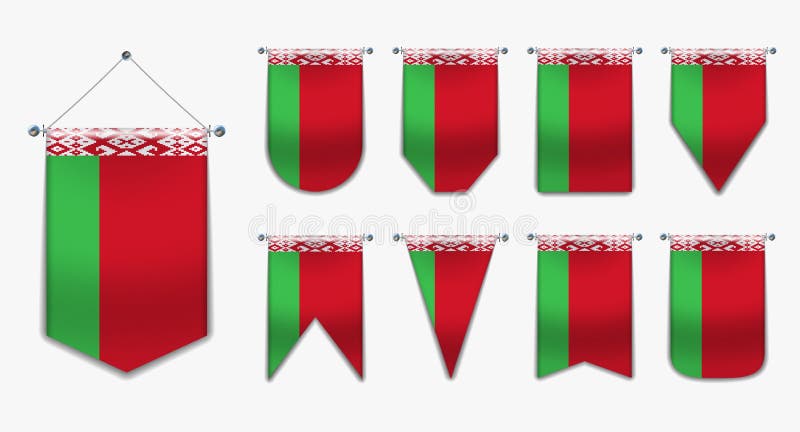 Ställ in av hängande flaggor av VITRYSSLAND med textiltextur Mångfaldformer av nationsflaggalandet Vertikal mallstandert royaltyfri illustrationer Ställ in av hängande flaggor av VITRYSSLAND med textiltextur Mångfaldformer av nationsflaggalandet Vertikal mallstandert royaltyfri illustrationer