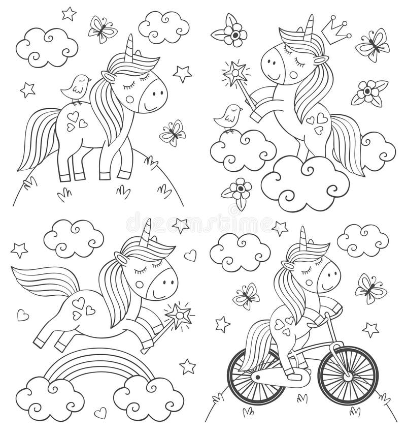 Ställ in av isolerad färga gullig enhörning stock illustrationer Ställ in av isolerad färga gullig enhörning stock illustrationer