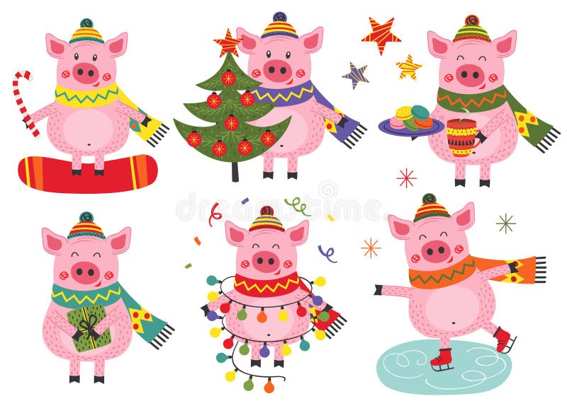 Set of isolated christmas cheerful pigs - vector illustration, eps. Set of isolated christmas cheerful pigs - vector illustration, eps