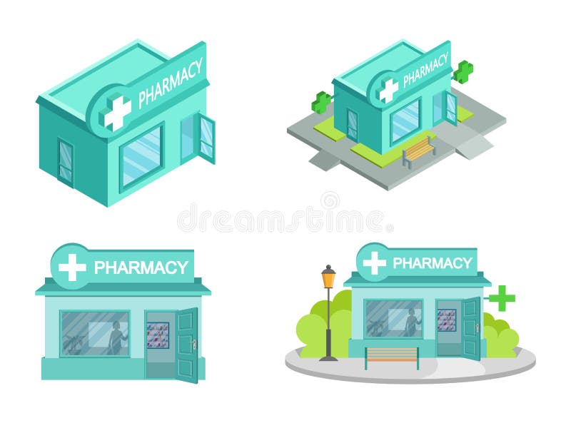 Set of Vector isometric Drugstores from different angles. Facade of Pharmacy Store isolated on white background. Drugstore House. Cartoon Pharmacy Store Building. Drugstore front. Vector graphics. Set of Vector isometric Drugstores from different angles. Facade of Pharmacy Store isolated on white background. Drugstore House. Cartoon Pharmacy Store Building. Drugstore front. Vector graphics