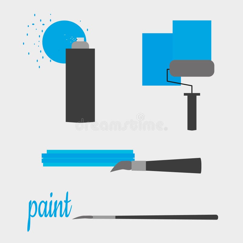 Ställ in av målningmaterial i stil av plana symboler Sprutmålningsfärg, målarfärgrulle, borste och konstborste vektor illustrationer Ställ in av målningmaterial i stil av plana symboler Sprutmålningsfärg, målarfärgrulle, borste och konstborste vektor illustrationer
