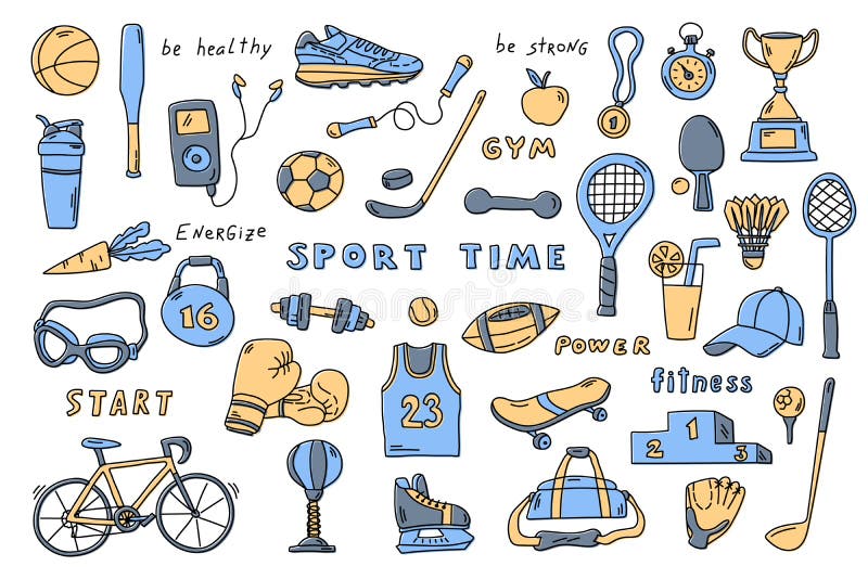 Ställ in av sportbeståndsdelar med bokstäver Gullig dragen vektorillustration f?r klotter hand royaltyfri illustrationer Ställ in av sportbeståndsdelar med bokstäver Gullig dragen vektorillustration f?r klotter hand royaltyfri illustrationer