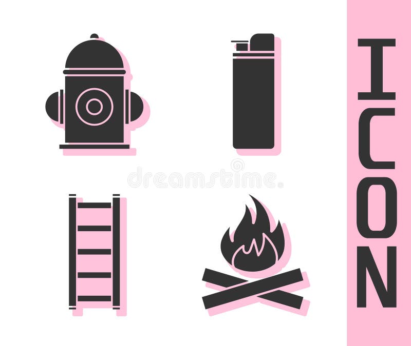 Ställ in Campfire, Fire hydrant, Fire escape and Lighter-ikon Vector vektor illustrationer
