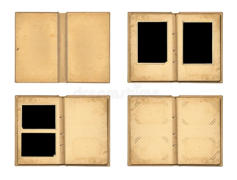 Ställ in de öppna gamla fotoalbumen isolerade på vit bakgrund arkivfoton Ställ in de öppna gamla fotoalbumen isolerade på vit bakgrund arkivfoton