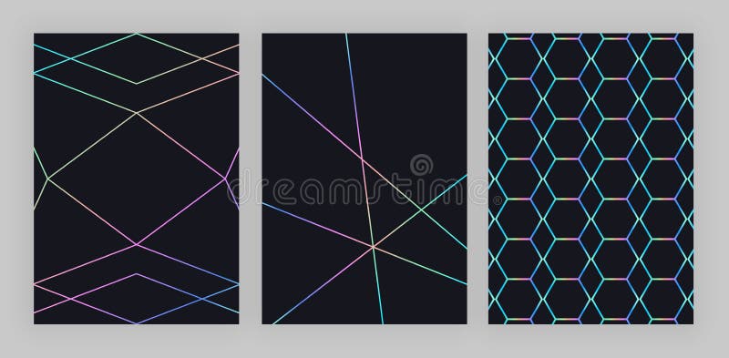 Ställ in den moderiktiga holographic geometriska designen Färgrika polygonal linjer på den svarta bakgrunden Modern modell för re