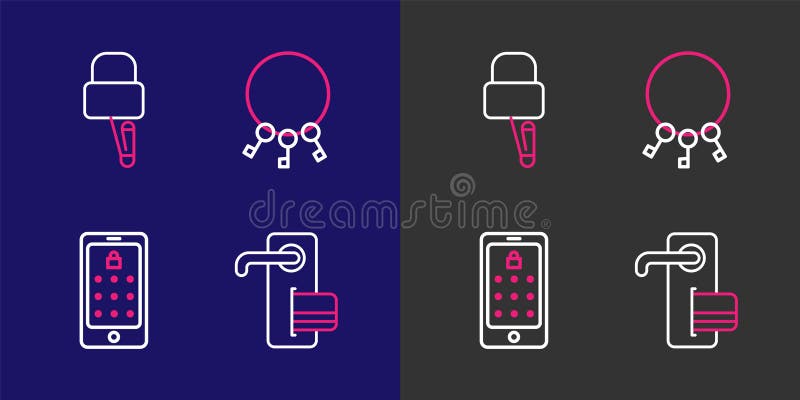 Ställ in digital dörr lås mobilt och grafiskt lösenord, knappbunt och lås för plockikonen. vektor stock illustrationer