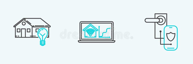 Ställ in digitalt dörrlås med trådlös teknik för lås Smart house och light-lampa och Smart home-wifi för bärbara datorer stock illustrationer